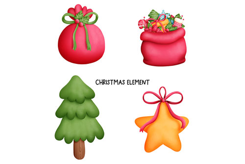 وکتور لایه باز ستاره کاج کریسمس و درخت کاج کریسمس و کیسه هدایای کریسمس لایه باز و قابل ویرایش